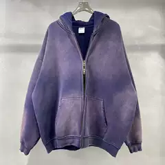 American oversized spray dyed washed distressed 360g flannel double zipper ground edge cardigan hooded lazy hoodie winter