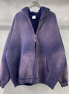 美式oversize喷染水洗做旧360g加绒双拉链磨边开衫连帽慵懒卫衣冬