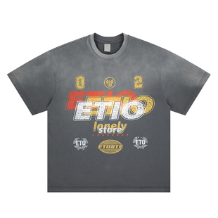 美式复古做旧渐变重影字母LOGO印花短袖T恤男女简约宽松休闲上衣