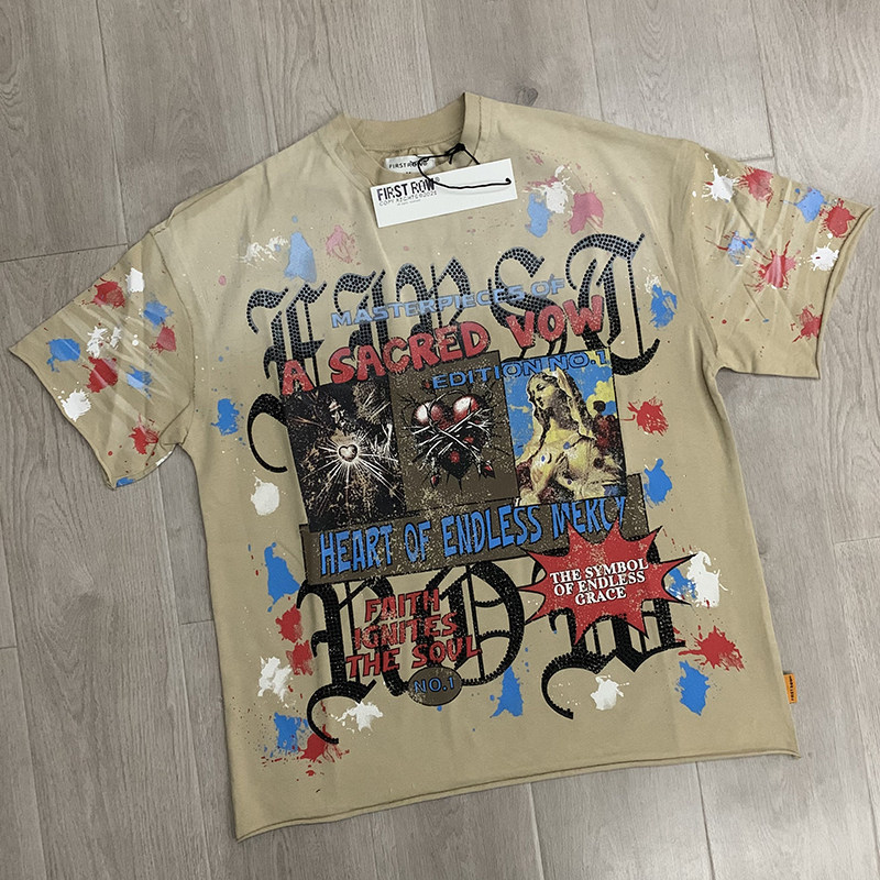 夏季新款复古做旧彩色油漆图案印花短袖T恤嘻哈男女宽松圆领上衣