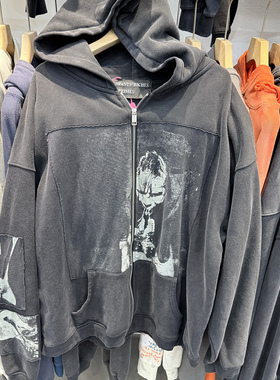 重磅复古做旧忧郁的富二代限定贴布做旧帽衫卫衣男女加绒宽松外套