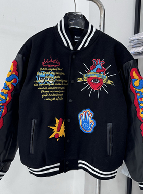 Saint michael美式休闲宽松贴布刺绣飞行夹克加厚情侣棒球服外套