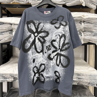 saint louis 花朵涂鸦 邓紫琪同款水洗做旧 tee潮牌夏季休闲短袖