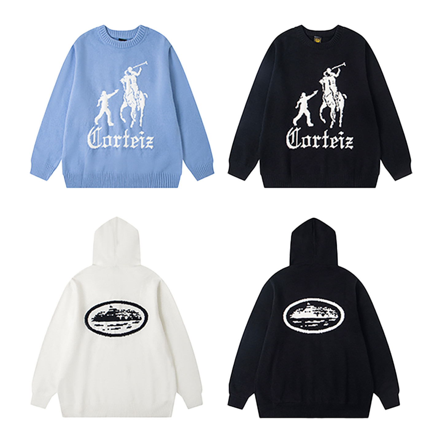 美式重磅恶魔岛图案印花连帽针织拉链开衫毛衣情侣款时尚宽松外套