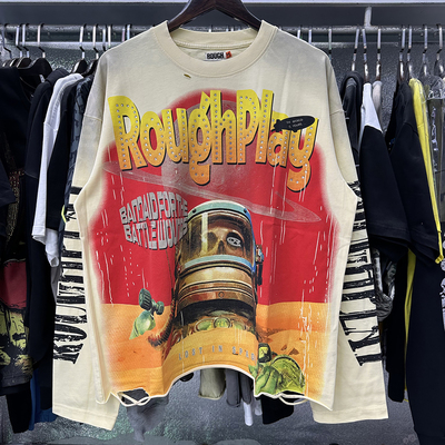RoughPlay美式复古字母印花烫钻破洞长袖T恤男女同款宽松休闲上衣