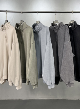 美式复古洗水做旧纯色男女简约宽松VTG休闲立领半拉链套头卫衣潮