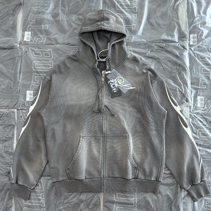 欧美街头复古图案印花嘻哈宽松休闲男女水洗做旧毛圈连帽卫衣帽衫