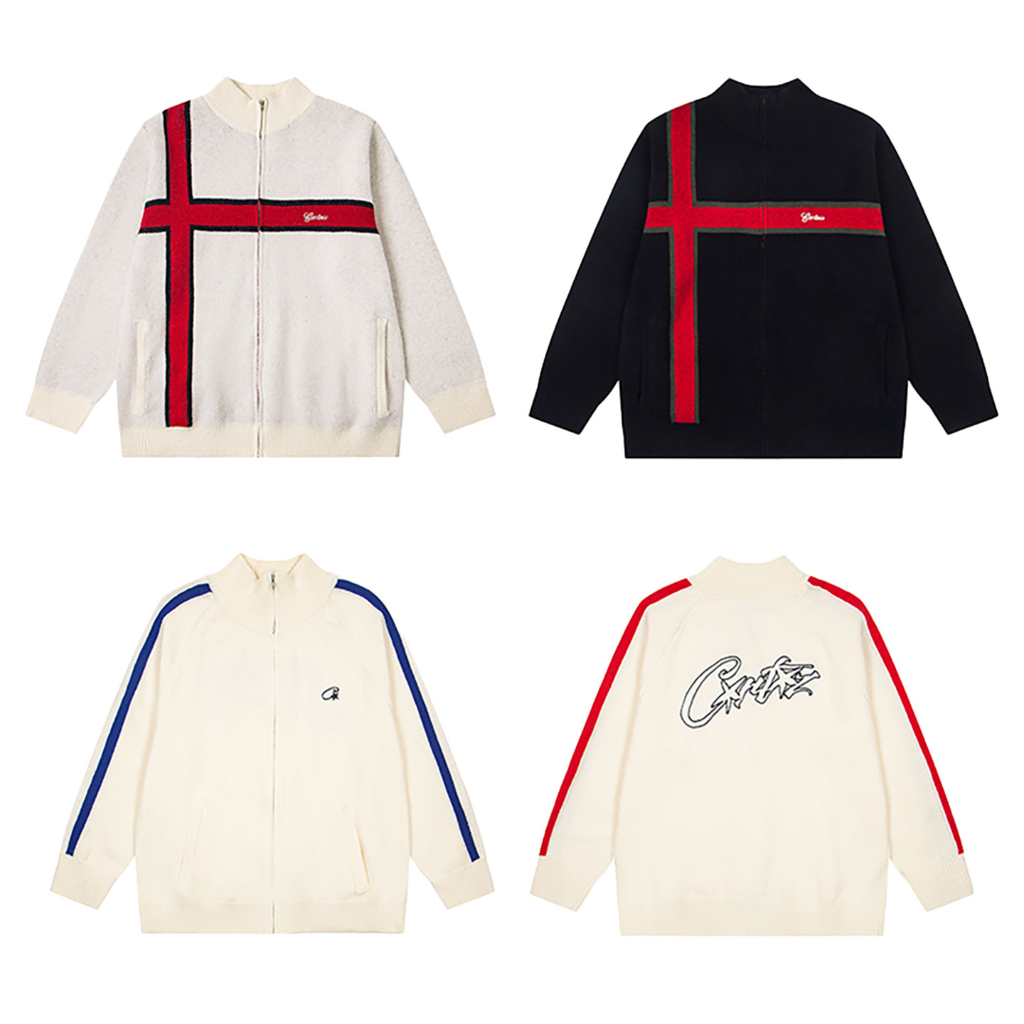 美式撞色条纹恶魔岛立领拉链开衫毛衣男女秋冬时尚保暖针织外套潮