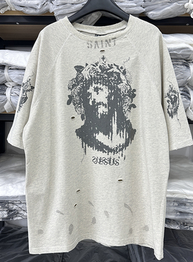 Saint Michael人像涂鸦印花破坏套头衫男水洗做旧宽松短袖T恤夏季