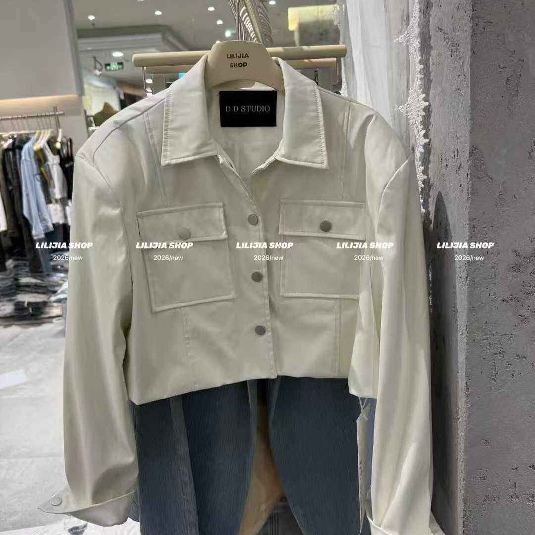 白色时髦百搭翻领多口袋短款皮衣外套女2026春新款工装风夹克上衣