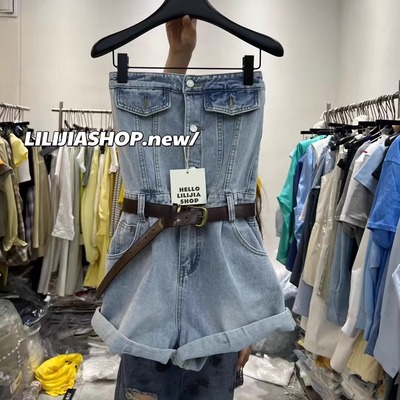 时尚韩版女百搭辣妹显瘦抹胸连体牛仔短裤女夏2025新款卷边热裤潮