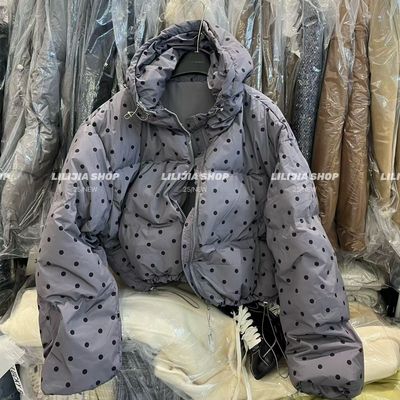 波点连帽羽绒服女短款冬季加厚