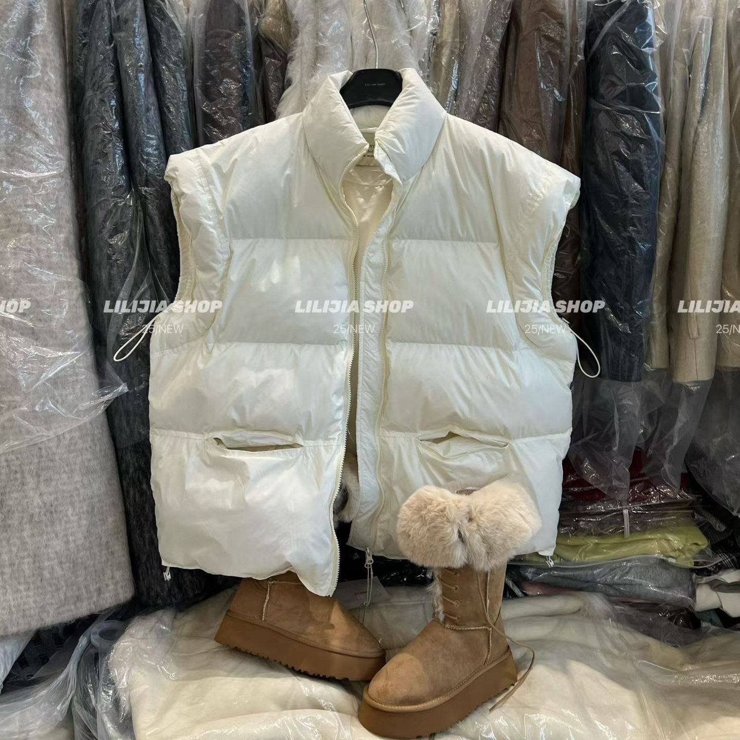 米白色韩版宽松立领羽绒马甲女2025冬季新款加厚保暖显瘦百搭外套