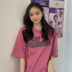 6535 pull frame cotton real shot with small video Korean inschao net Red Printed T-shirt