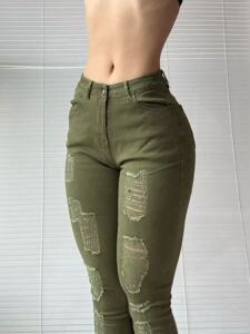 军绿色欧美中腰大码高弹性感辣妹破洞牛仔女新款修身显瘦包臀长裤