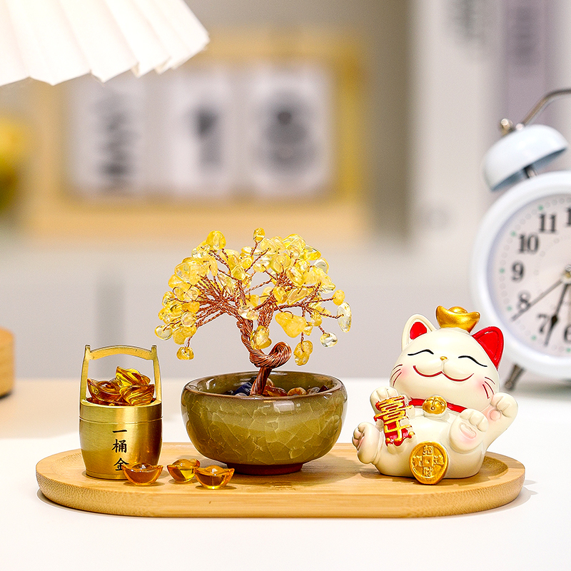 水晶树小盆栽招财猫摆件家居办公室工位桌面装饰创意发财树礼物女