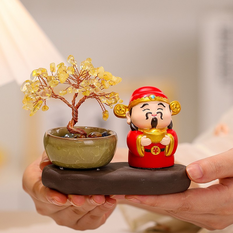 新中式神仙系列财神爷公仔水晶发财树办公桌面装饰摆件送同事礼物