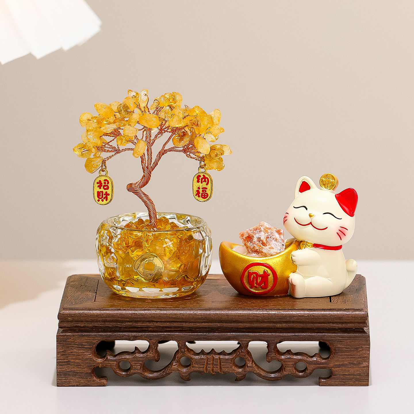 天然黄紫水晶发财树招财猫摆件家居客厅玄关乔迁开业装饰送礼好物