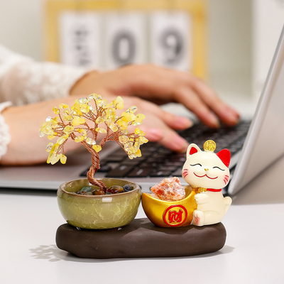 天然黄水晶发财树招财猫摆件家居客厅玄关办公室工位治愈系小摆设