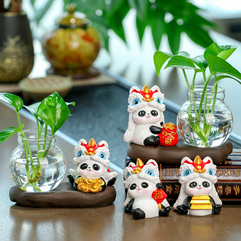 国潮醒狮熊猫绿萝水培花瓶桌面小摆件办公室客厅创意插花水养花器