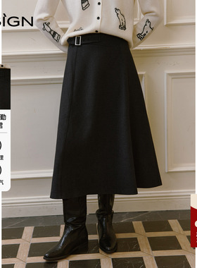【商场同款】极简风高腰A字半身裙女黑色毛呢中长款通勤优雅半裙