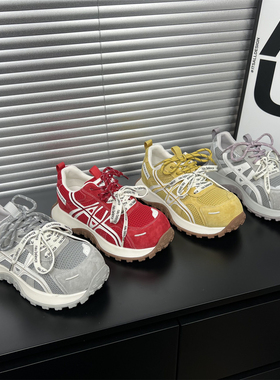 真皮厚底网面丑萌老爹鞋女2026春季新款双鞋带增高轻便休闲运动鞋