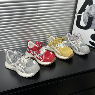 真皮厚底网面丑萌老爹鞋女2026春季新款双鞋带增高轻便休闲运动鞋