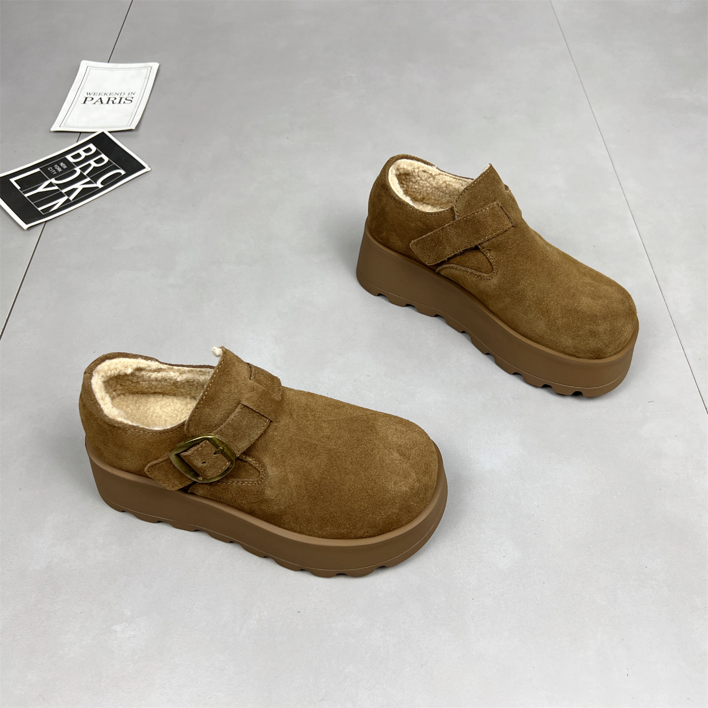 一脚蹬松糕毛毛增高乐福鞋