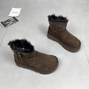真皮厚底侧拉链短靴加绒保暖棉鞋 羊皮毛一体雪地靴女冬季 2025新款