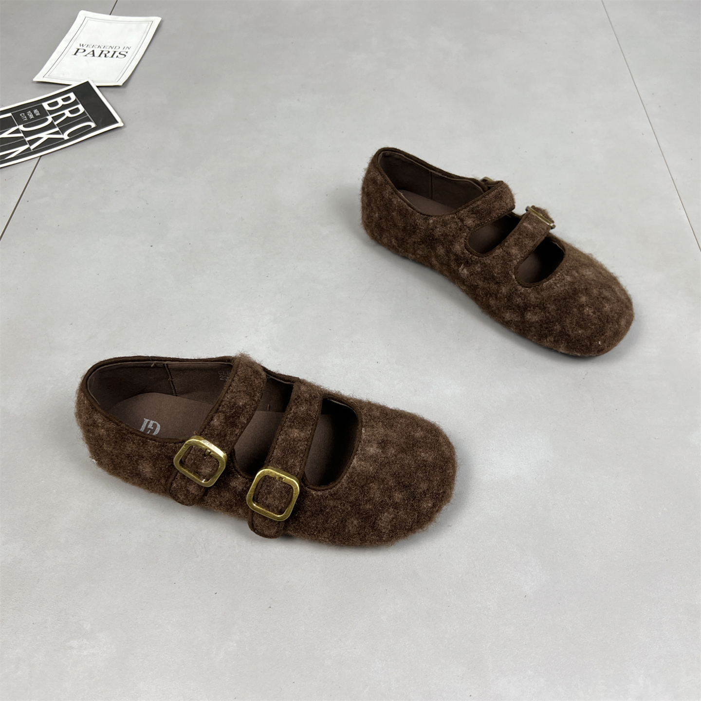 复古双排扣毛呢平底玛丽珍鞋女