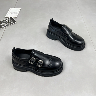 英伦风休闲鞋 复古百搭时尚 女2025秋新款 真皮厚底布洛克雕花小皮鞋