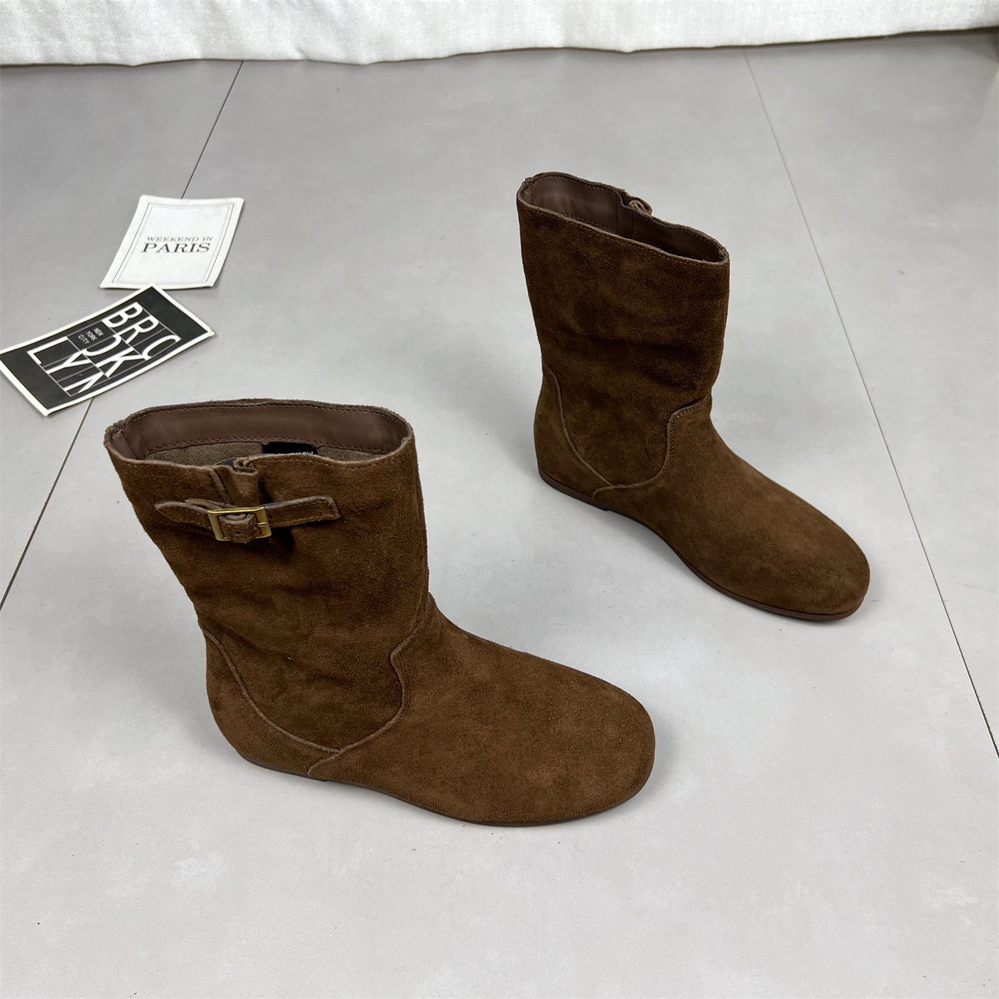 牛皮版~韩版圆头真皮短靴女内增高西部牛仔靴气质百搭瘦瘦靴女