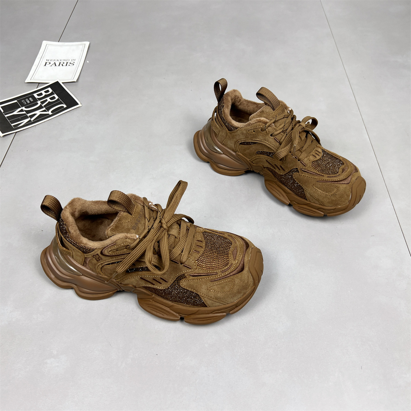 真皮厚底水钻老爹鞋女2025冬