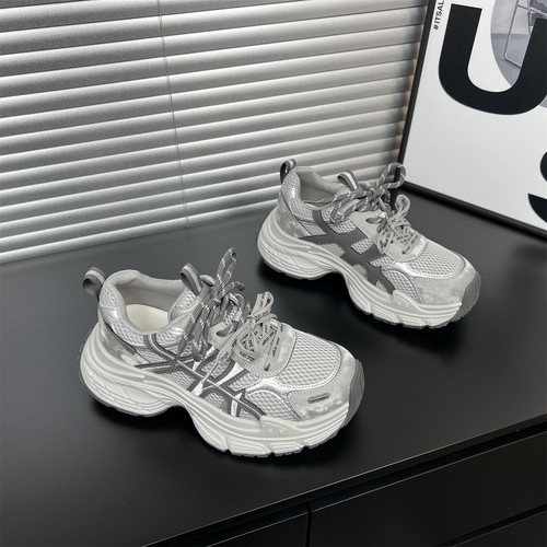 网面真皮厚底老爹鞋女2026春季