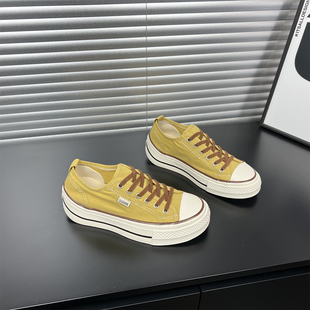 黄色低帮薄款帆布鞋女2026春夏新款一脚蹬防滑厚底运动休闲板鞋