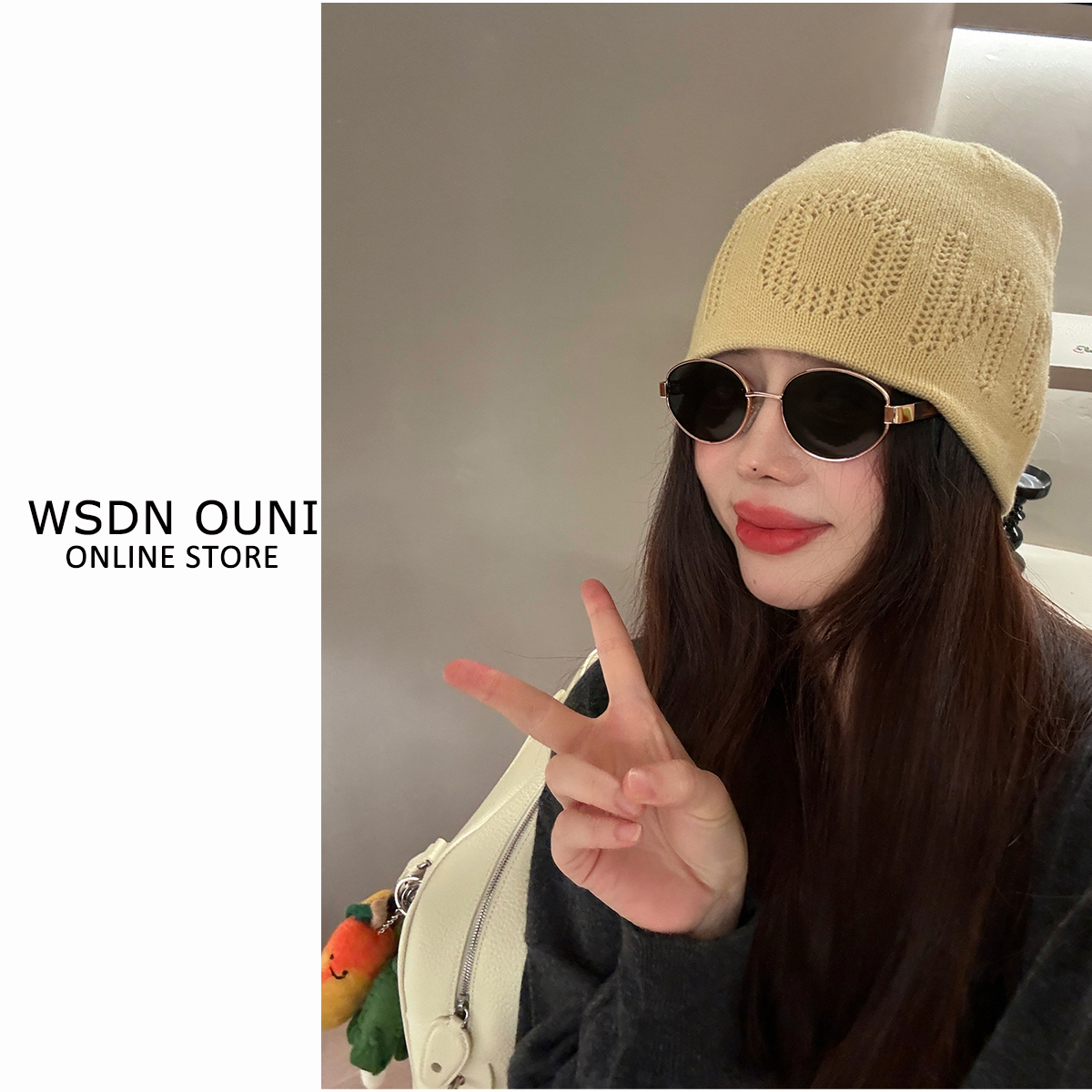 韩系ins绵羊毛针织帽小众镂空字母堆堆帽女秋冬休闲百搭保暖冷帽