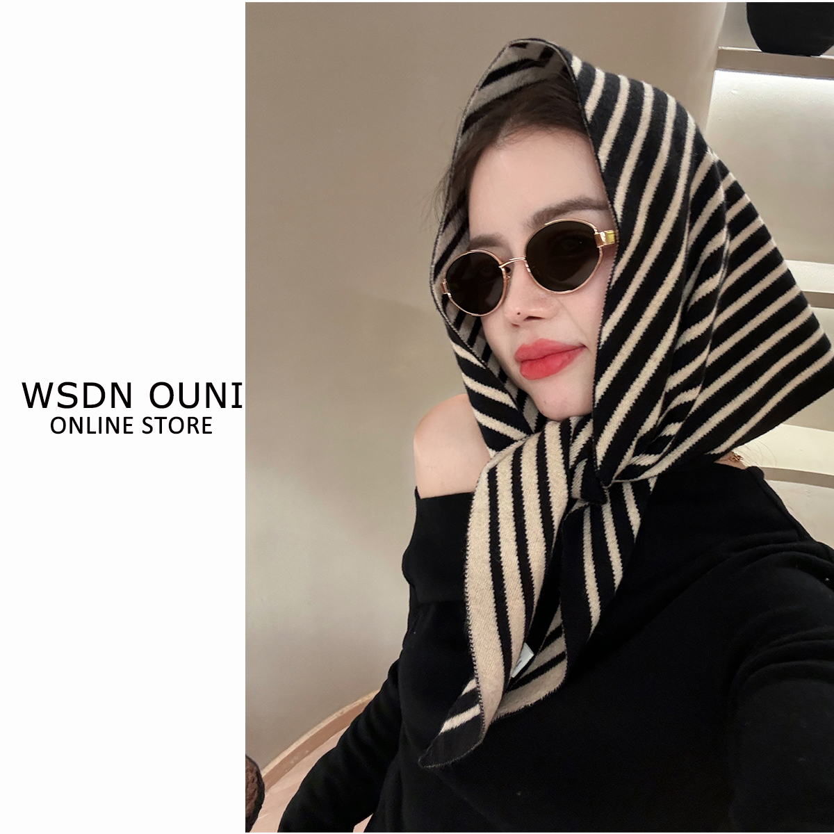 韩系复古绵羊毛条纹针织三角巾女秋冬气质外搭头巾百搭护颈围脖