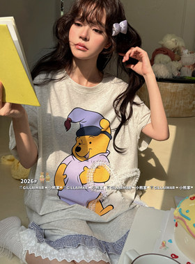 Gill Aimar小熊家女款夏季短袖睡裙甜美蕾丝蝴蝶结家居服睡衣8579