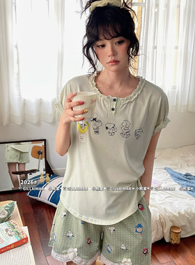 Gill Aimar小熊家睡衣女夏季甜美花边卡通短袖短裤家居服套装8597