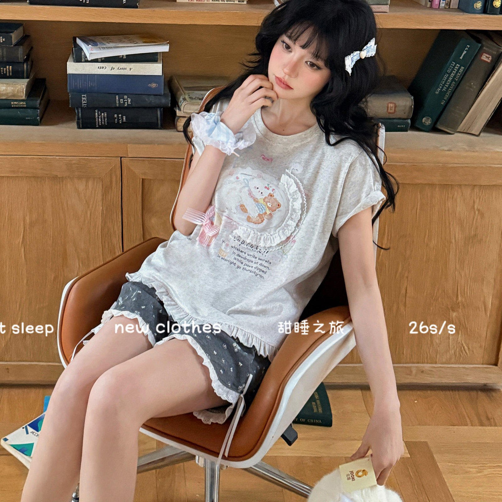 小熊家睡衣女甜睡之旅夏季短袖可爱小猫碎花花边短裤家居服套装