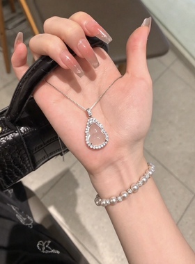 白冰透玉髓葫芦吊坠项链女s999银满钻边框新中式水滴围钻锁骨链女