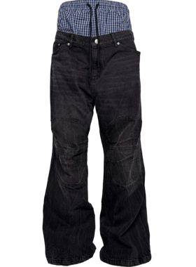 [PCCVISION] 3MAN0N 条纹双腰拼接水洗做旧黑色宽松baggy牛仔裤