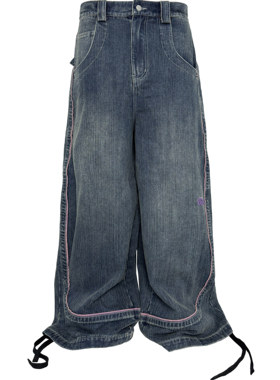 [PCCVISION] 3MAN0N SJ魔爪刺绣raver竹节纹宽松做旧蓝色牛仔裤