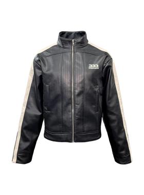 [PCCVISION] 3MAN0N racer白色条纹拼接夹棉拉链立领黑色皮夹克