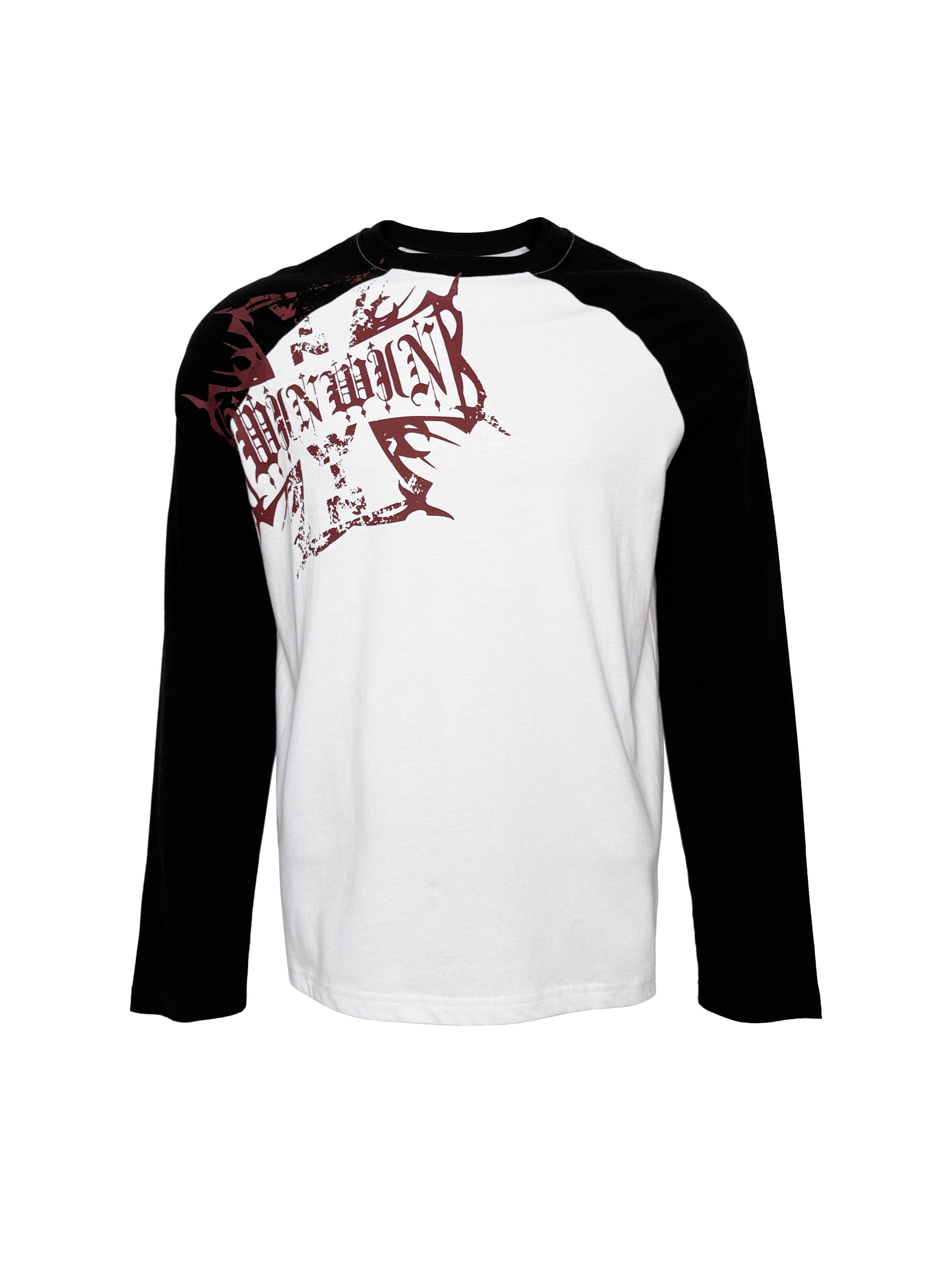 thumbnail for [PCCVISION] 3MAN0N Red Cross Black and White Ralan Print Crew Neck Pullover Long Sleeve T-Shirt