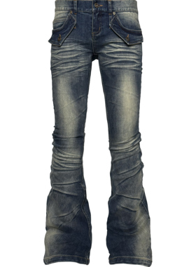 [PCCVISION] 3MAN0N 蓝色弯刀水洗做旧图腾刺绣弹性紧身喇叭裤