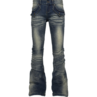 [PCCVISION] 3MAN0N 蓝色弯刀水洗做旧图腾刺绣弹性紧身喇叭裤