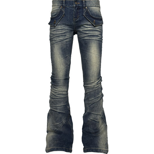 [PCCVISION] 3MAN0N 蓝色弯刀水洗做旧图腾刺绣弹性紧身喇叭裤