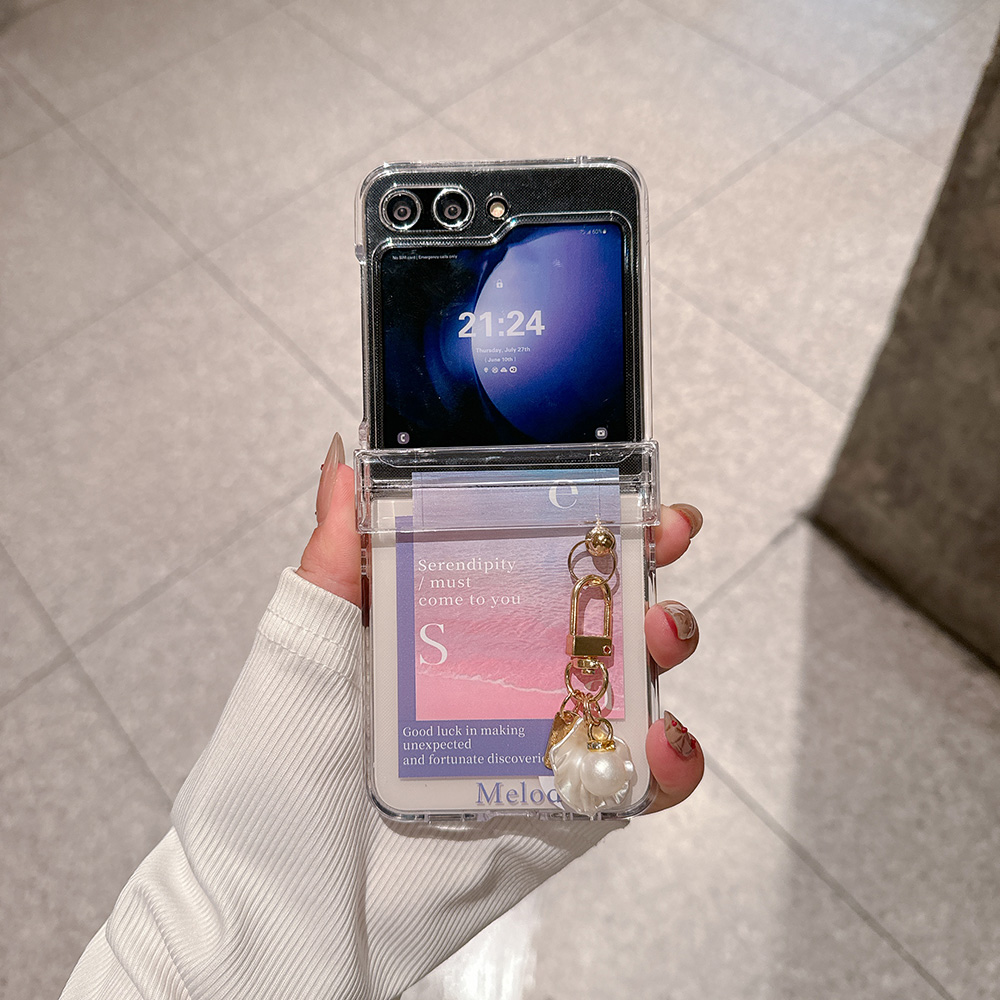 适用于三星Zflip7/Zflip6折叠手机壳夕阳 Samsung Zflip5粉色海滩Zflip4带手链Zflip3透明保护套硬壳带挂绳
