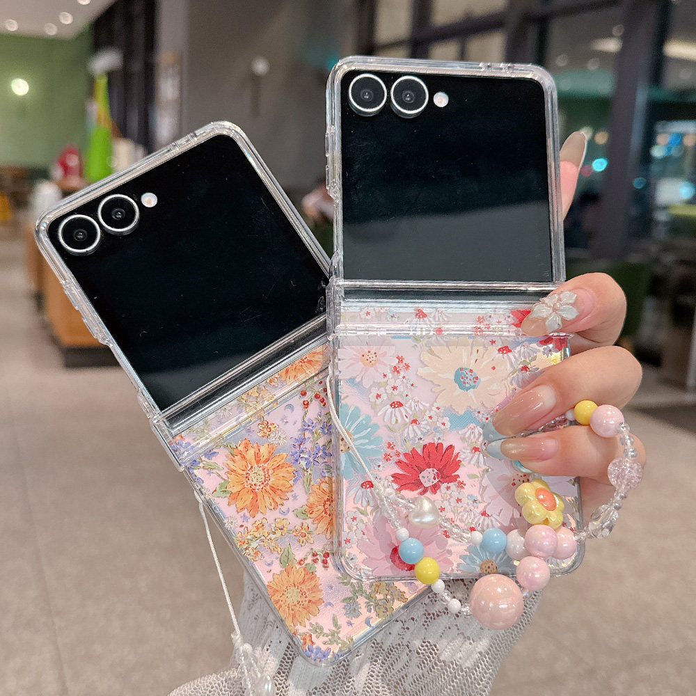 彩色花朵适用于三星Zflip8/Zflip7折叠手机壳Samsung Zflip6黄花Zflip7FE镭射炫彩Z flip5透明硬壳彩绘花卉